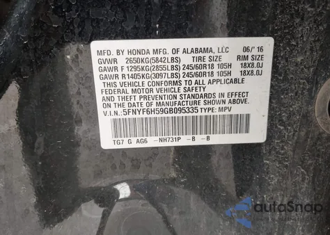 2016 Honda Pilot Ex-L from USA, damaged, VIN 5FNYF6H59GB095335